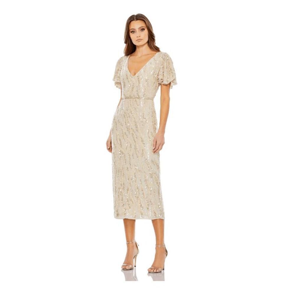 Mac Duggal NWT Size 6 SEQUINED V NECK FLUTTER SLEEVE TEA LENGTH DRESS - Oys